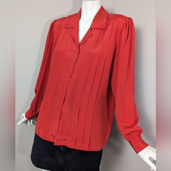 90s satin blouse, Red blouse, Embroidered collar, flowy shirt, pleated front - Picture 2 of 8